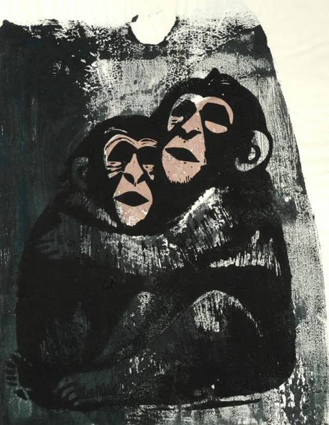 <p>Gunter Ullrich | Zwei Affen | 1962 | Farblinolschnitt</p>