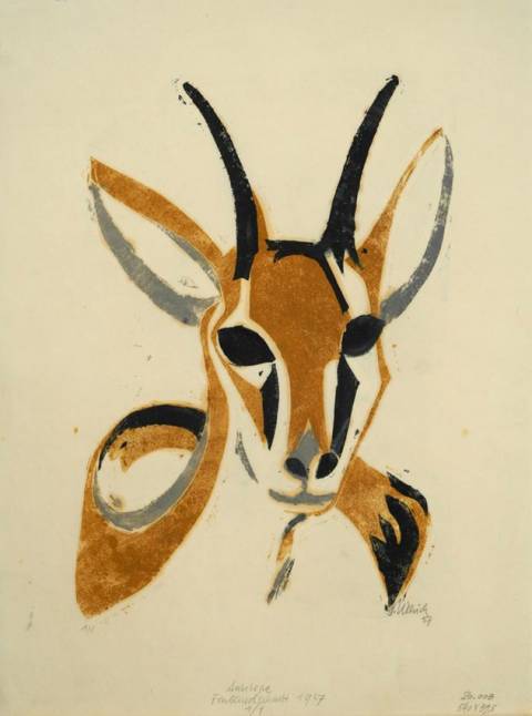 <p>Gunter Ullrich | Antilope | 1957 | Farblinolschnitt</p>