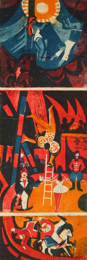 <p>Gunter Ullrich | Zirkus Triptychon | 1970 | Farblinolschnitt</p>