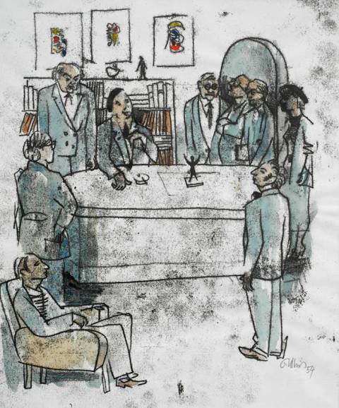 <p>Gunter Ullrich | Ausstellungseröffnung bei Romberger | 1954 | Monotypie</p>