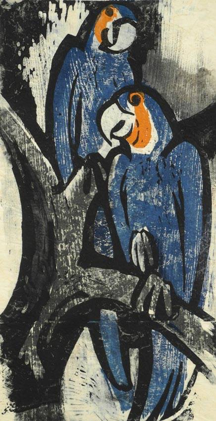 <p>Gunter Ullrich | Blaue Papageien | 1960 | Farbholzschnitt</p>