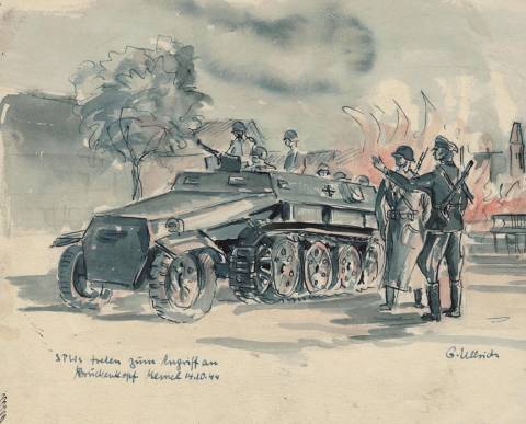 <p>Gunter Ullrich | Brückenkopf Memel | 1944 | Aquarell</p>
