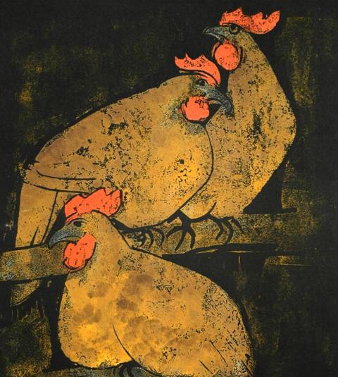 <p>Gunter Ullrich | Drei Hühner | 1959 | Farblinolschnitt</p>
