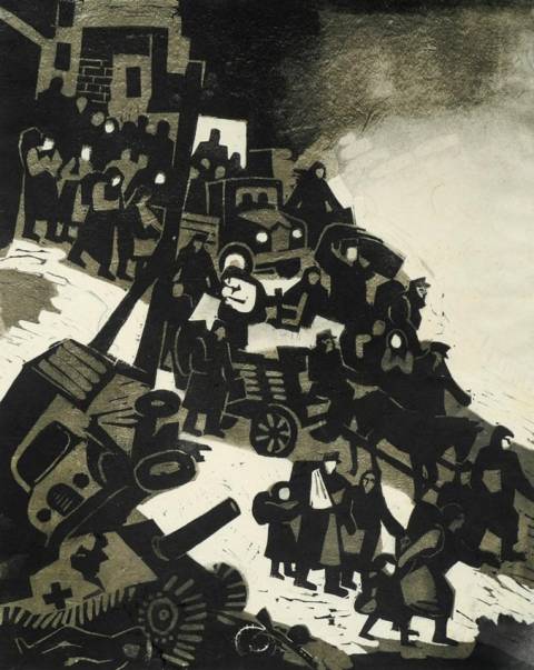 <p>Gunter Ullrich | Flucht 1945 | 1982 | Farblinolschnitt</p>