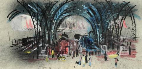 <p>Gunter Ullrich | Frankfut am Main Hauptbahnhof | 1955 | Aquarell</p>