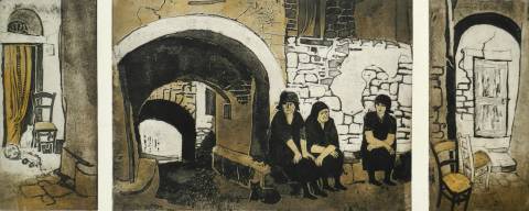 <p>Gunter Ullrich | Frauen am Tor Triptychon | 1974-1986 | Farbradierung</p>