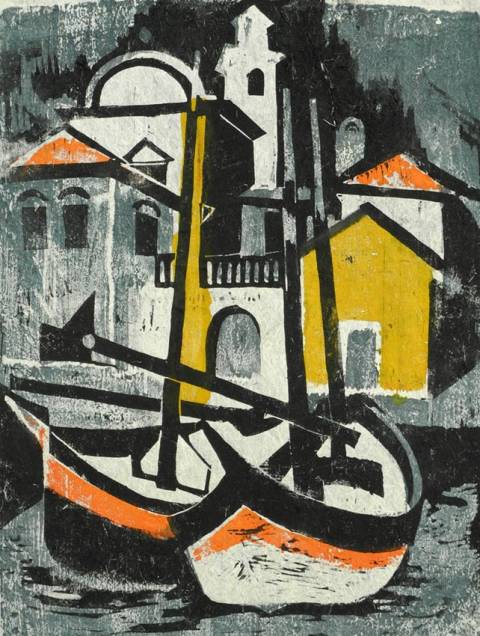 <p>Gunter Ullrich | Gardaseehafen | 1964 | Farbholzschnitt</p>