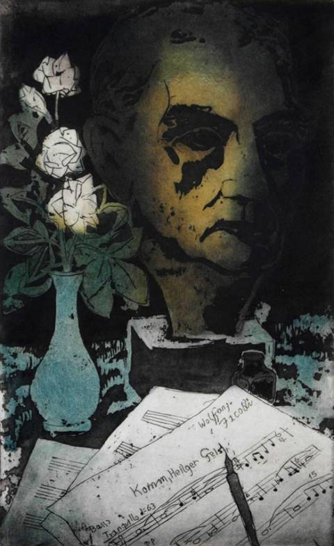 <p>Gunter Ullrich | Hommage à Wolfgang Jacobi | 1974 | Farbradierung</p>