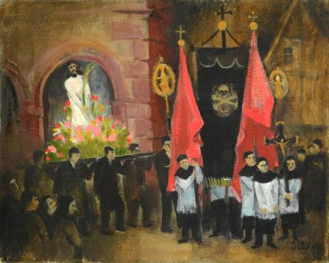 <p>Gunter Ullrich | Karfreitagsprozession in Lohr am Main | 1990 | Ölmalerei</p>