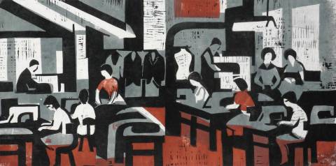 <p>Gunter Ullrich | Kleiderfabrik | 1964 | Farblinolschnitt</p>