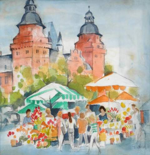 <p>Gunter Ullrich | Markt in Aschaffenburg | 2000 | Aquarell</p>