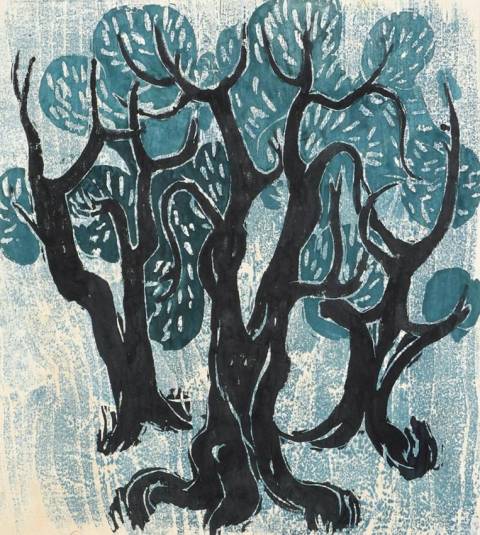 <p>Gunter Ullrich | Olivenbäume | 1955 | Farbholzschnitt</p>