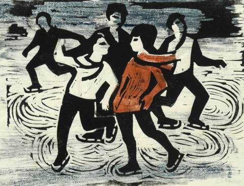 <p>Gunter Ullrich | Schlittschuhläufer | 1964 | Farbholzschnitt</p>