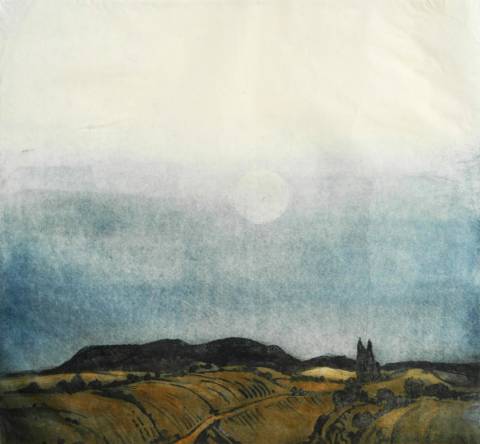 <p>Gunter Ullrich | Schwanberg mit Mond | 1974 | Linolätzung</p>