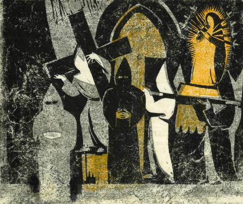 <p>Gunter Ullrich | Spanische Prozession I | 1965 | Farblinolschnitt</p>