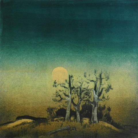 <p>Gunter Ullrich | Spessarteichen mit Vollmond | 1979 | Linolätzung</p>