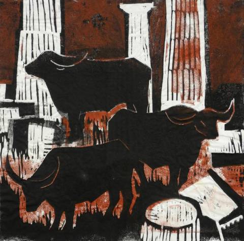 <p>Gunter Ullrich | Die Stiere von Paestum | 1966 | Farblinolschnitt</p>