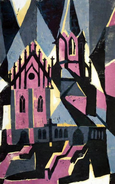 <p>Gunter Ullrich | Stiftskirche Aschaffenburg | 1957 | Farbholzschnitt</p>