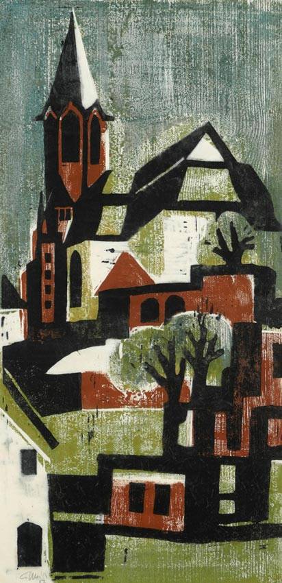 <p>Gunter Ullrich | Stiftskirche Aschaffenburg | 1957 | Farbholzschnitt</p>