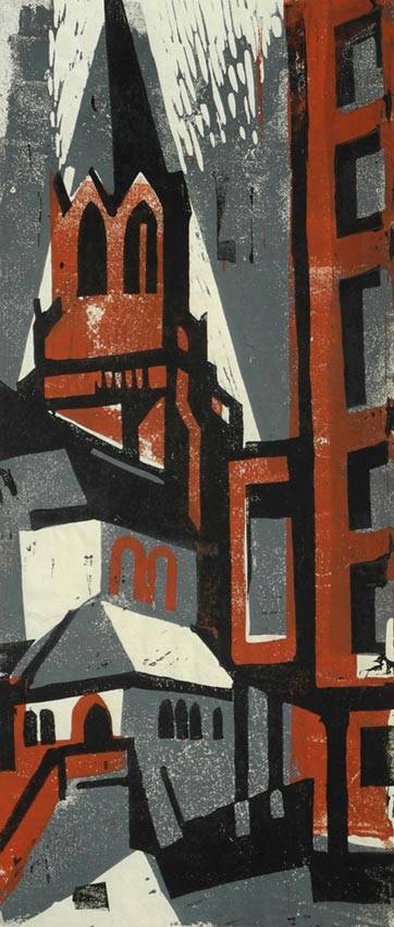 <p>Gunter Ullrich | Stiftskirche und Rathaus Aschaffenburg | 1963 | Farblinolschnitt</p>