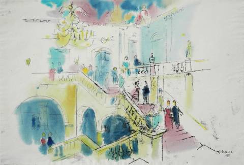 <p>Gunter Ullrich | Treppenhaus Residenz Würzburg | 1955 | Monotypie,Aquarell</p>