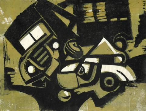 <p>Gunter Ullrich | Verkehrsunfall  | 1961 | Farblinolschnitt</p>