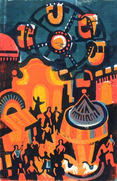 <p>Gunter Ullrich | Volksfest bei Nacht | 1962 | Farblinolschnitt</p>