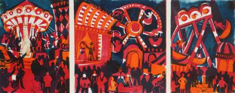 <p>Gunter Ullrich | Volksfest Triptychon | 1972 | Farblinolschnitt</p>
