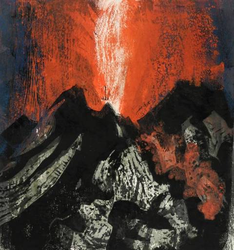 <p>Gunter Ullrich | Vulkanausbruch Stromboli | 1966 | Farbholzschnitt</p>