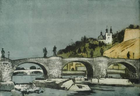 <p>Gunter Ullrich | Würzburg Alte Mainbrücke und Käppele | 1976 | Farbradierung</p>