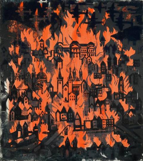 <p>Gunter Ullrich | Würzburg brennt | 1960 | Farblinolschnitt</p>