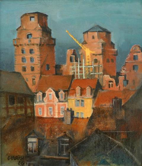 <p>Gunter Ullrich | Zerstörtes Schloss Aschaffenburg 1956 | 1984 | Ölmalerei</p>