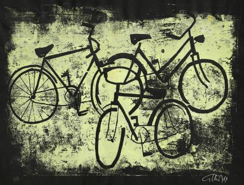 <p>Gunter Ullrich | Drei Fahrräder | 1964 | Linolschnitt</p>